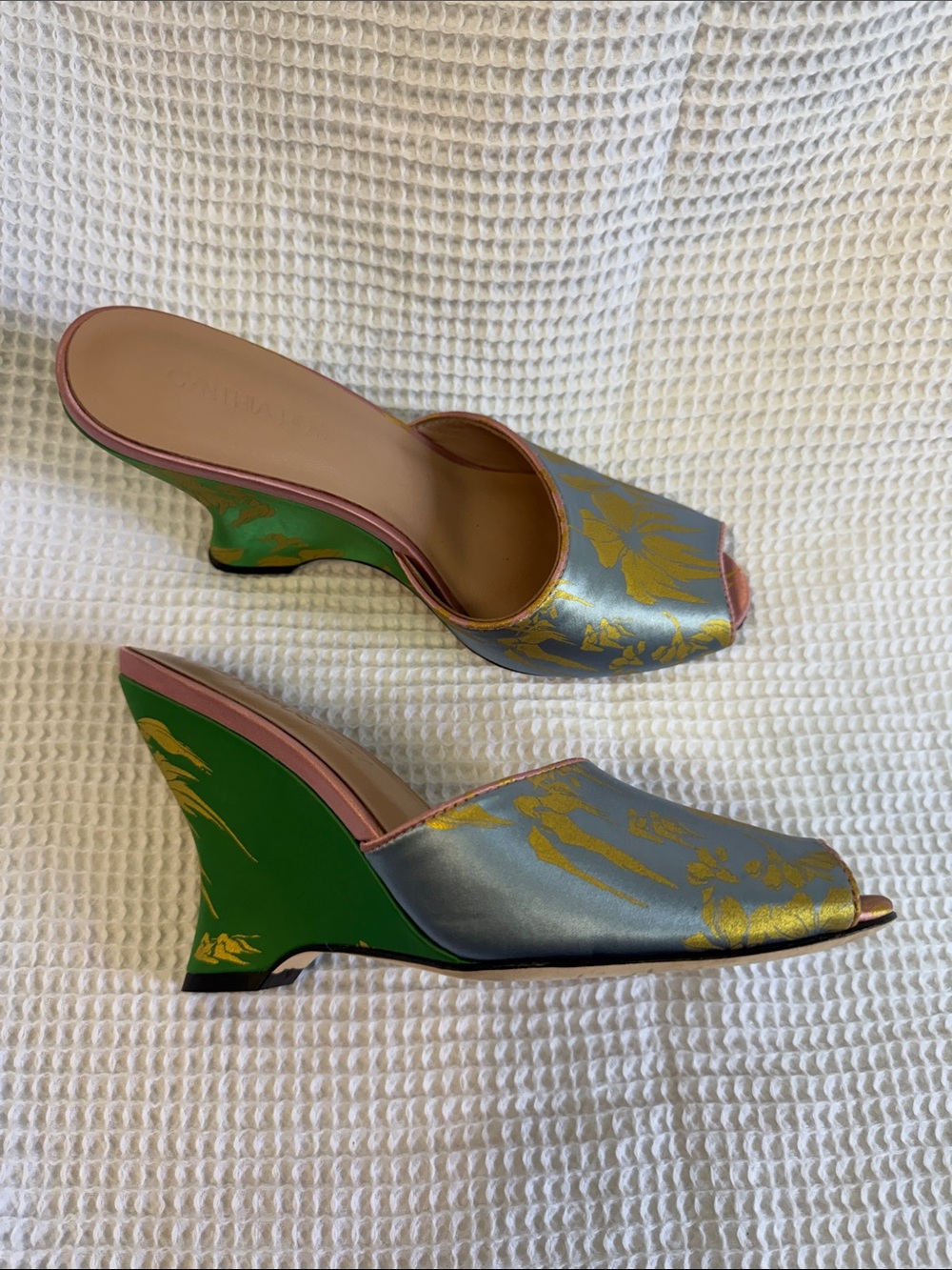 Floral Peep-Toe Wedge Mules in Blue, Green with pink accents - Picture 3 of 6